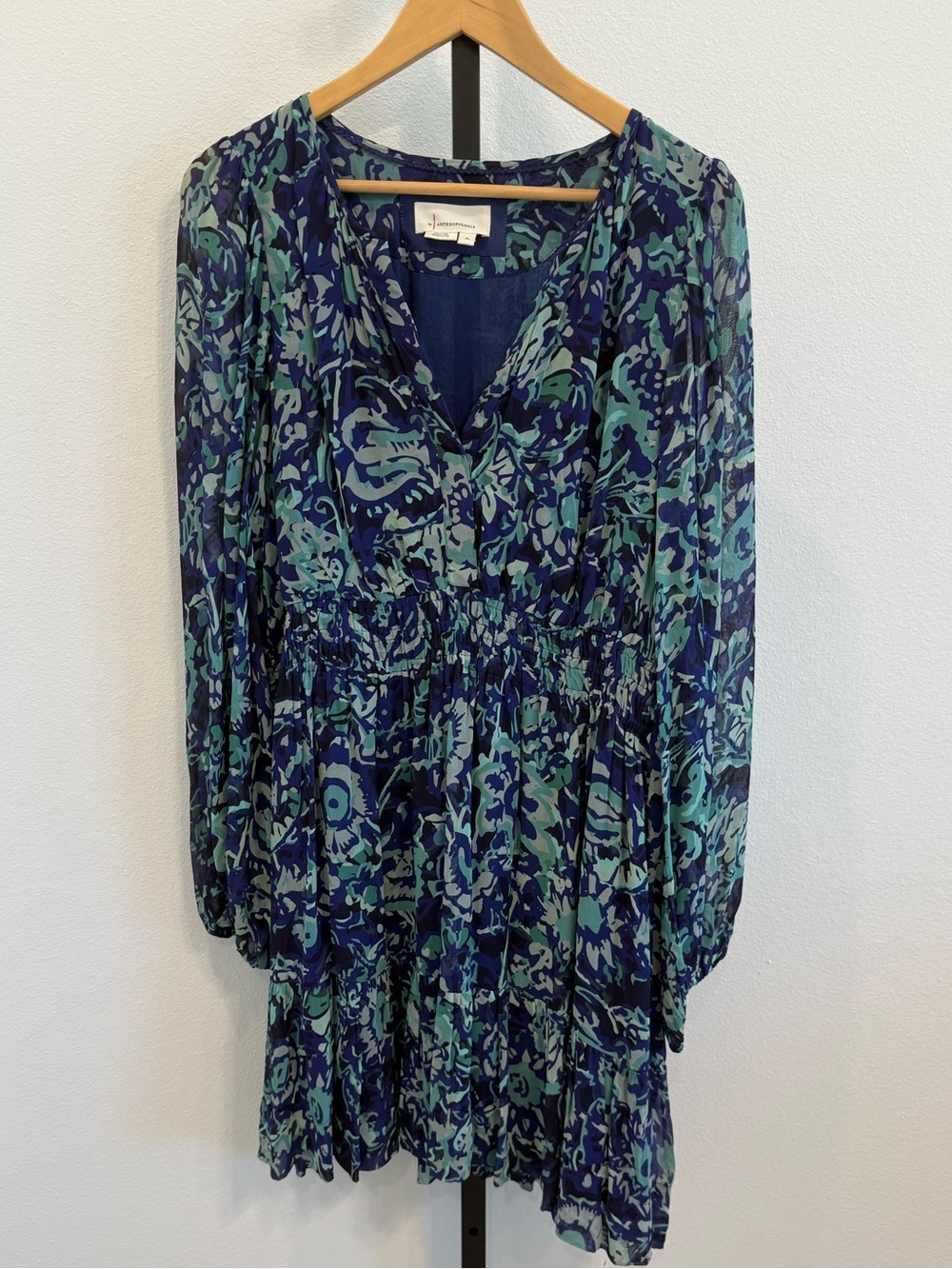 Anthropologie Somerset Long Sleeve Mini Dress Floral Tiered Brunch Office XL